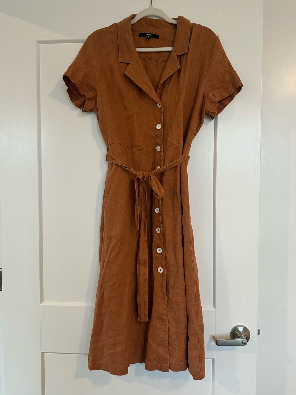 Quince Rust Brown Button-Front Shirt Dress with Tie Belt